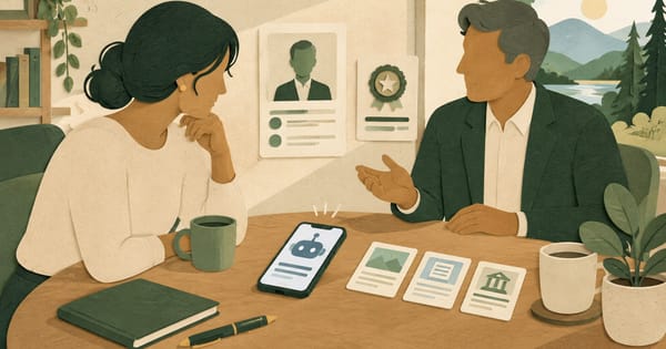Prospect checks an advisor's public information on a phone during a meeting.