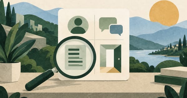 Magnifying glass over a service document on a card with person, conversation and open-door symbols.
