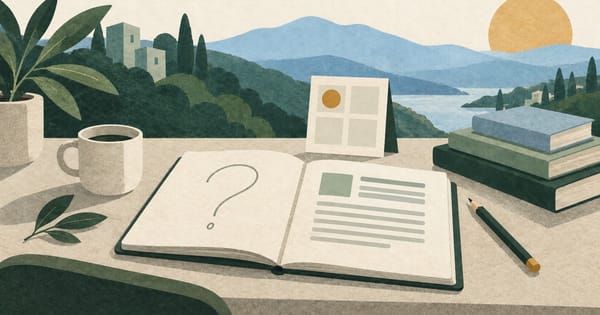 Open notebook with a question mark and an abstract article page, beside reference books and a four-panel calendar.