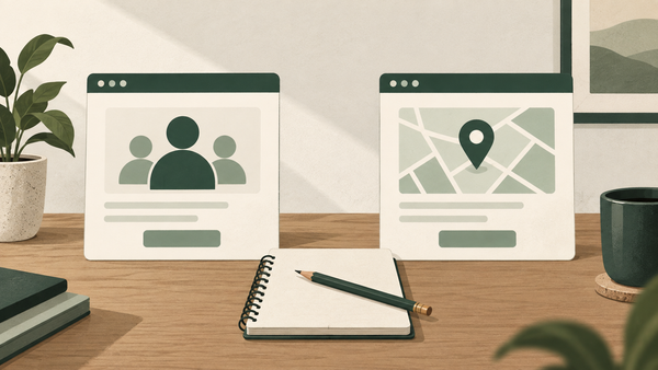 Conceptual illustration of audience and map-pin webpage cards beside a notebook.