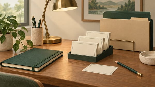 Conceptual illustration of question cards organized beside a source notebook