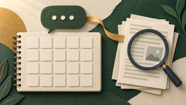 Paper-cut notebook with twenty blank tiles, a speech bubble and source pages under a magnifying glass.