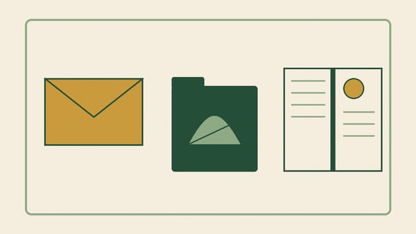 Conceptual newsletter test preparation with an envelope, leaf-marked folder and open question notebook.