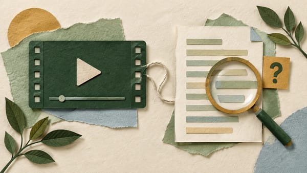 Conceptual green playback frame linked to a paper transcript under a magnifying glass.