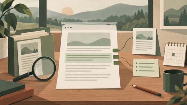 Conceptual illustration of a page, its source folder and review notes.