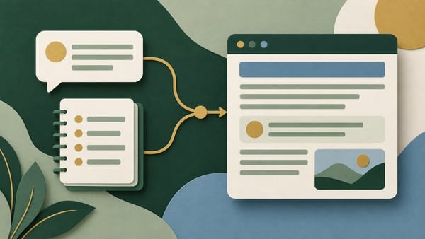 Conceptual illustration of a short explanation and source notebook connected to a website answer.