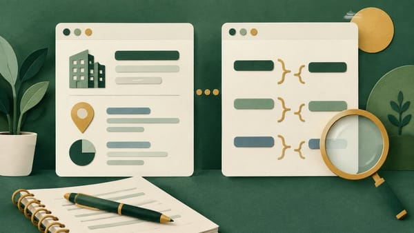 Conceptual illustration of a website fact card and matching structured-data card beside a notebook.
